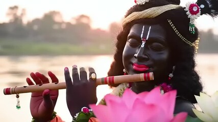 Krishna Playing Flute with River Landscape.