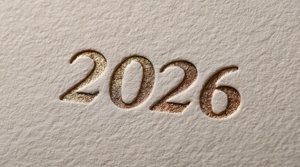 Elegant embossed number 2026 in gold metallic finish on textured paper background. Minimalist luxury design with premium typography.