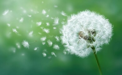 Beautiful dandelion seeds blowing in wind with fluffy white parachutes floating in air. Delicate nature macro of plant seeds dispersing.