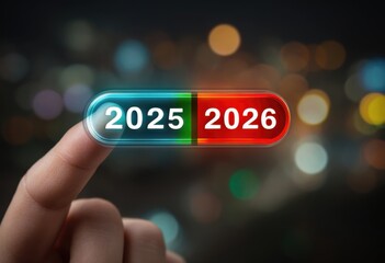 Finger touching digital button with 2025 and 2026 year numbers in green and red. Modern tech interface for new year transition concept.