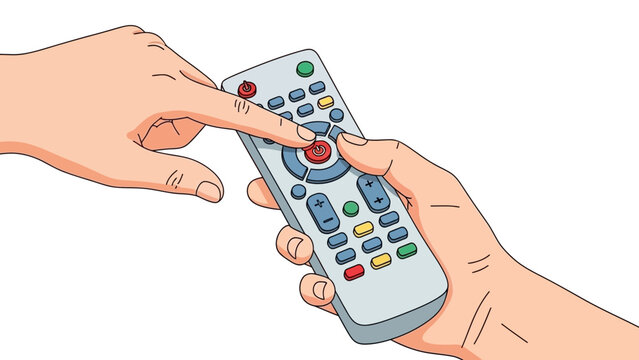Two hands passing a remote control, one finger pressing a button