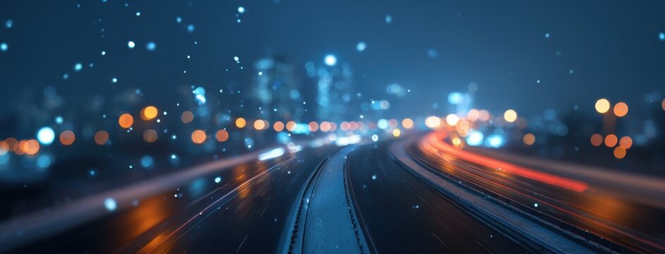 Night highway with light trails from cars and blurred traffic lights creating orange and white streaks on urban road	