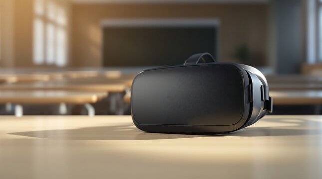 Virtual Reality Headset on Wooden Desk in Empty Classroom