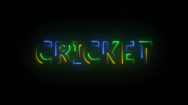 Multi-colored neon text CRICKET with green yellow and blue glow on black cricket sport