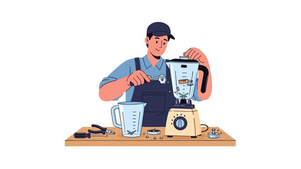 Repairman Fixing a Blender with Tools on a Workbench