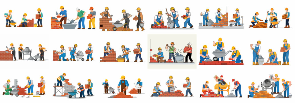 Collection of flat design illustrations showing construction workers and bricklayers laying bricks, mixing cement, and building brick walls.