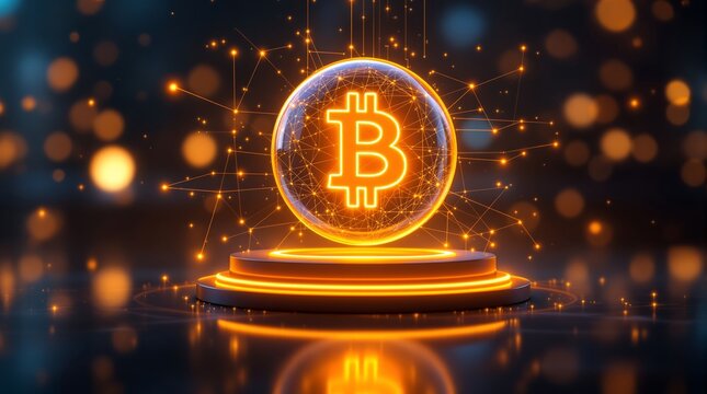 Glowing bitcoin sphere on podium with blockchain network