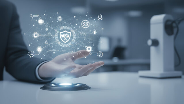 Advanced technology health interface longevity concept with digital medical icons and futuristic hologram in business hand - Powered by Adobe