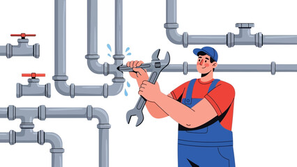 Professional male plumber using a wrench to repair a damaged leaking water pipe system, illustrating essential home maintenance and emergency service work