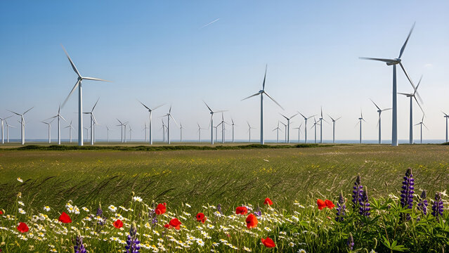 Scenic wind farm landscape with wildflowers creating sustainable energy, a vibrant field of poppies and daisies showcase green power source for future