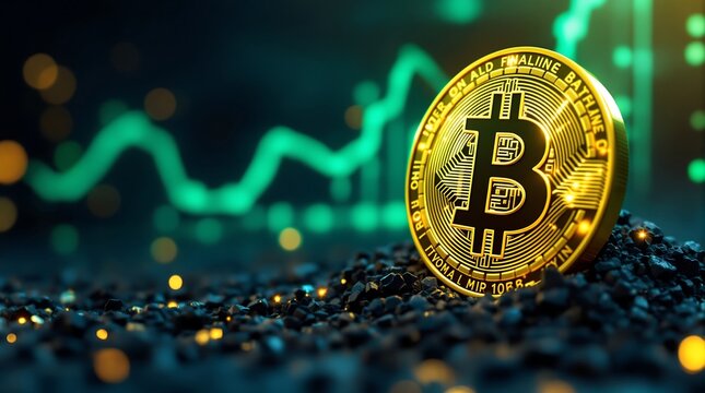 Golden bitcoin coin on pile of stones with price chart - Powered by Adobe