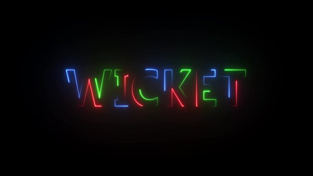 Neon sign spelling out the word WICKET in red green and blue against a black background wicket cricket