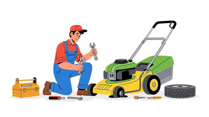 Repairing a Lawn Mower A Skilled Technician in Overalls Kneeling with Tools and Equipment