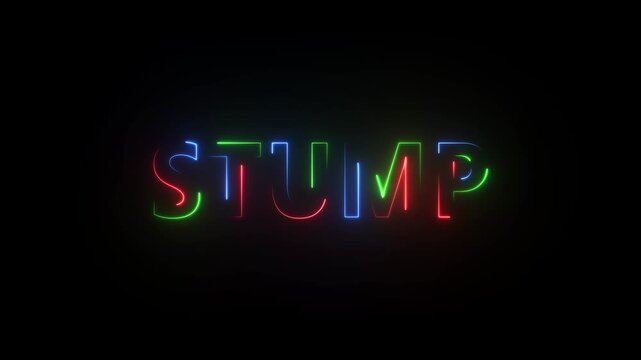 Neon sign spelling out the word STUMP in red green and blue against a black background stump cricket