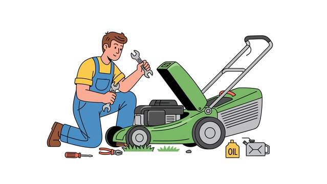 Vector illustration of a male character in work overalls performing routine maintenance and repair on a lawnmower
