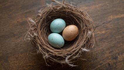 Obraz premium Speckled bird eggs in a rustic nest for Easter and spring.