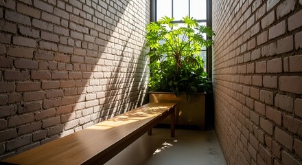Light streams into a serene alcove highlighting a bench and lush green plant near window.