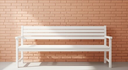 A pristine white wooden bench stands against a textured coral brick wall in stark sunlight.