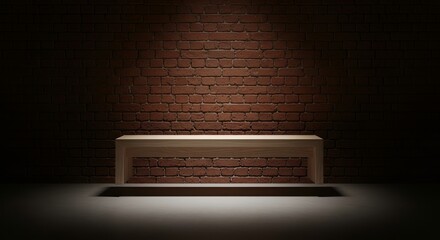 A simple wooden bench stands before a textured brick wall, bathed in a focused light source.