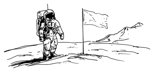 Hand drawn Astronaut Walking on Moon with Flag Black and White Doodle Vector Illustration © Kaz