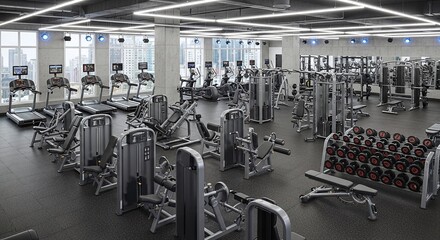Modern gym interior with treadmills, weights, and machines for a healthy lifestyle workout