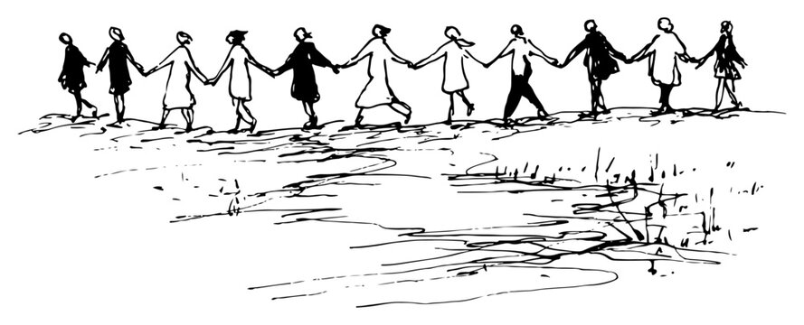 Hand drawn group of people holding hands in a row vector sketch of community and friendship - Powered by Adobe