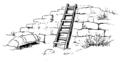 Hand drawn Wooden Ladder Against Old Stone Wall Black and White Doodle Vector Illustration © Kaz