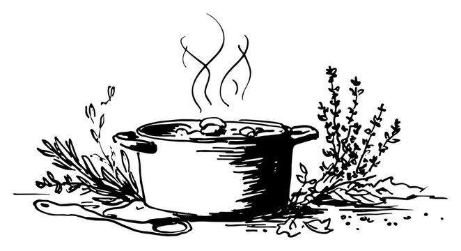 Hand Drawn Steaming Soup Pot Surrounded by Fresh Herbs Rustic Vector Illustration
