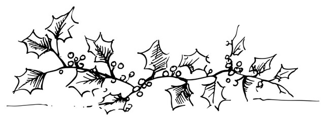 Fototapeta premium Christmas holly berry leaves border hand drawn vector sketch illustration of floral divider decoration