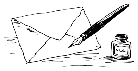 Hand drawn envelope with fountain pen and ink bottle Vector sketch illustration of vintage writing tools and letter © Kaz