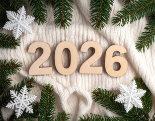 소나무 가지와 눈송이에 놓인 2026 나무 숫자 Wooden 2026 Numbers with Snowflakes and Pine Branches