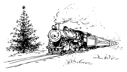 Vintage steam train traveling in snow near Christmas tree hand drawn vector sketch illustration of winter holiday journey © Kaz