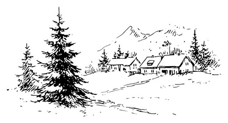 Fototapeta na wymiar Hand drawn winter mountain landscape with pine trees and small village houses vector sketch of rural scenery