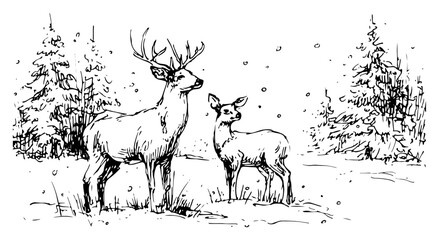 Naklejka premium Hand drawn stag and doe deer standing in snowy winter forest vector sketch of wild animals in nature