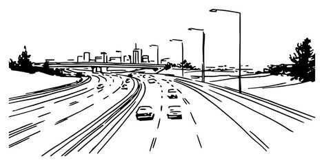Hand drawn highway road with cars leading to city skyline Vector sketch illustration of freeway traffic and urban travel © Kaz
