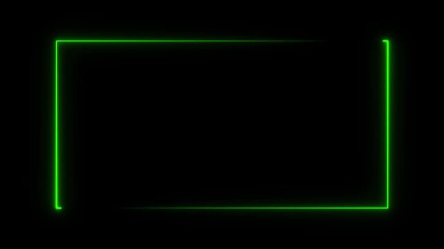 A vivid green neon rectangle border shines brightly on a completely black background frame