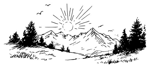 Hand drawn mountain landscape with pine forest trees and sunrise Vector sketch illustration of outdoor nature scenery and wilderness view © Kaz