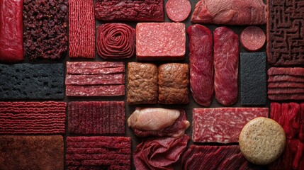 A Variety of raw and prepared meat products arranged neatly for display. The image showcases the various textures and colors of the meat
