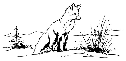 Naklejka premium Hand Drawn Sitting Red Fox in Winter Forest Scene Wildlife Vector Illustration