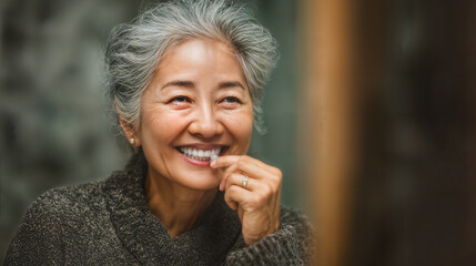 Portrait of a happy senior lady with a warm, genuine smile. Her white hair and gentle features reflect wisdom and contentment