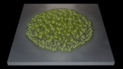 Biofilm formation on flat surface. Buildup of biofilm forming on solid material. 3d render illustration.