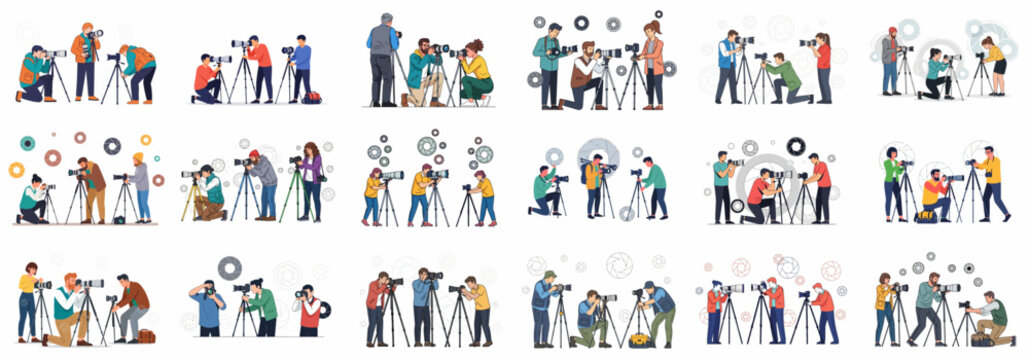 Diverse group of professional photographers and enthusiasts using cameras, tripods, and long lenses, illustrating the art and business of photography.