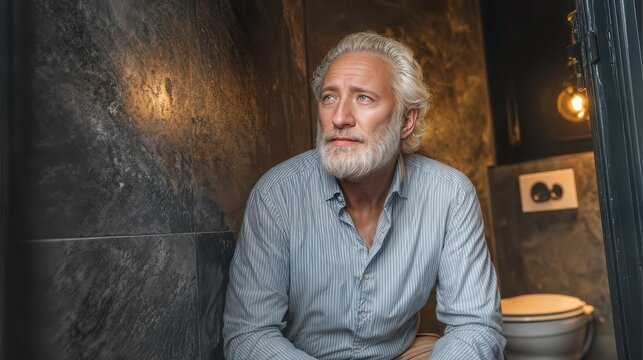 An elderly man with a gray beard is sitting in a toilet room. He appears to be deep in thought