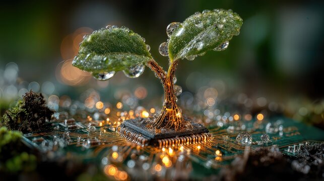 A seedling growing on a computer chip, symbolizing the growth of technology with nature
