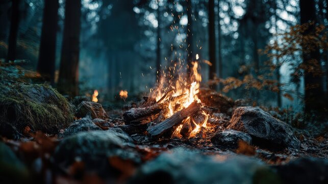 A crackling campfire burns brightly within a tranquil forest setting - Powered by Adobe