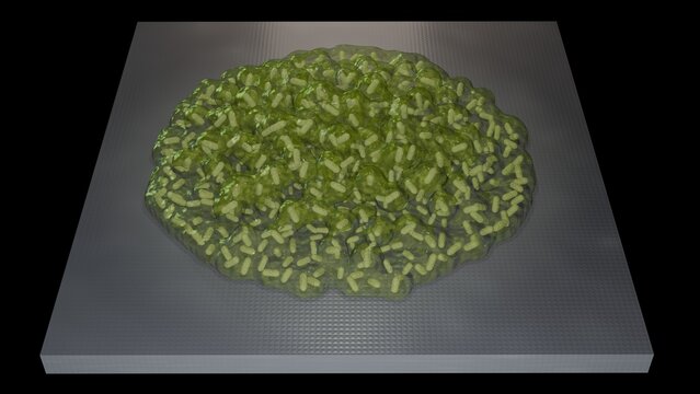 Biofilm formation on flat surface. Buildup of biofilm forming on solid material. 3d render illustration.