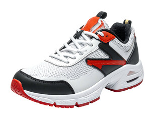 A athletic shoe with red, white, and black accents on a white sole, isolated on a white background