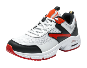 A athletic shoe with red, white, and black accents on a white sole, isolated on a white background