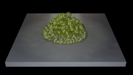 Biofilm formation on flat surface. Buildup of biofilm forming on solid material. 3d render illustration.