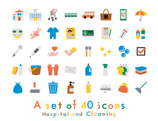 病院、掃除に関するシンプルでフラットなアイコン40個セット